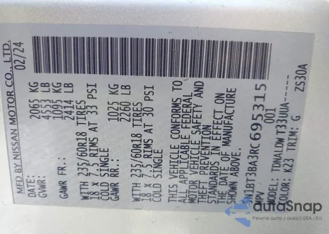 2024 Nissan Rogue Sv Fwd from USA, damaged, VIN 5N1BT3BA3RC695315